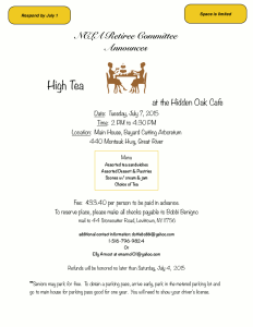 Event Flyer for High Tea with the Retirement Committee Event Flyer for High Tea at the Hidden Oak Cafe.